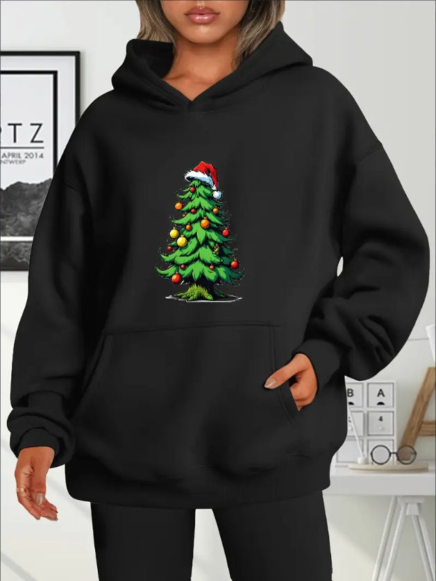 “Dooleck Oversized Christmas Tree Hoodie for Women – Festive Knit Pullover”