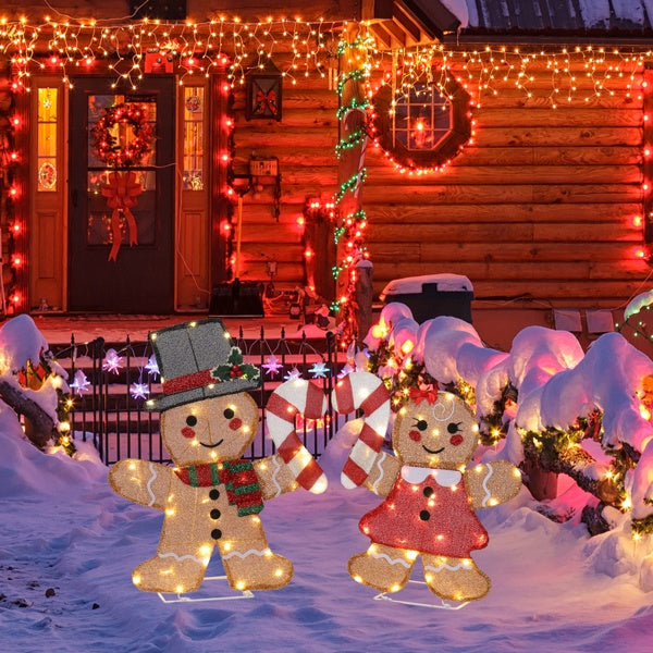 "Holiday Cheer Duo – Lighted Gingerbread Man & Candy Cane with 80 Warm LEDs"