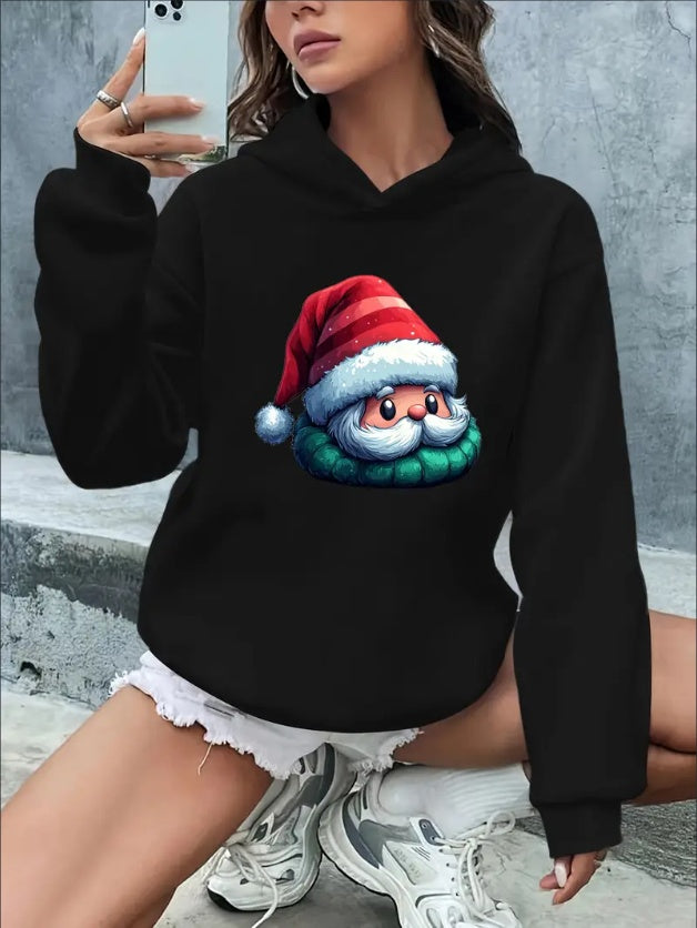 “Women’s Christmas Cartoon Santa Hoodie – Festive Graphic Pullover”