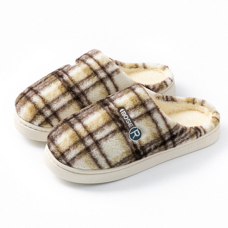 Women’s Plush Warm Non‑Slip Plaid Cotton Slippers