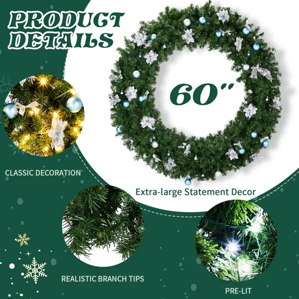 60in Pre‑lit Christmas Wreath – Lighted Artificial Xmas Wreath with 220 Cold & Warm White Lights