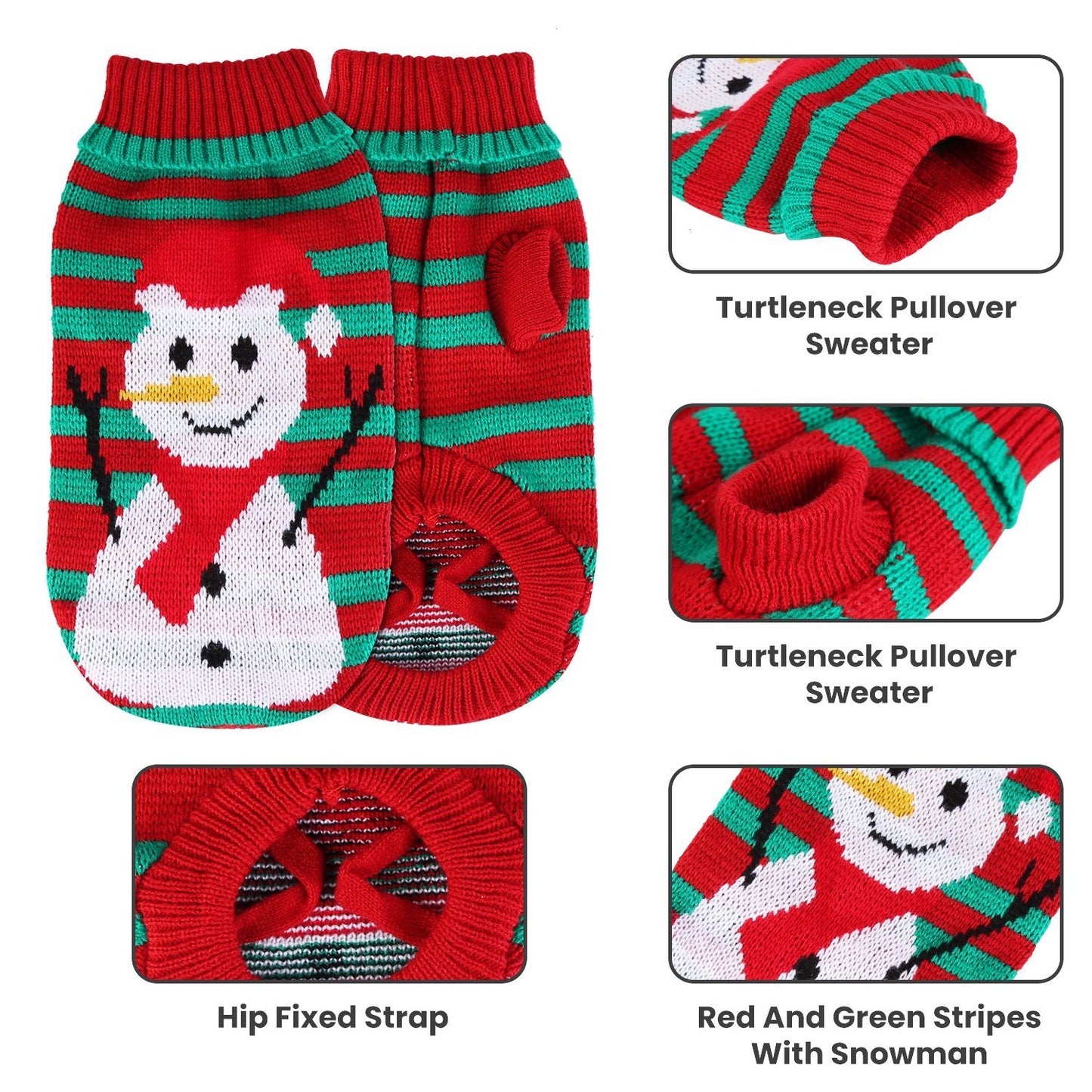 “Pet Christmas Turtleneck Sweater – Snowman & Stripes, 2 Patterns, 4 Sizes”
