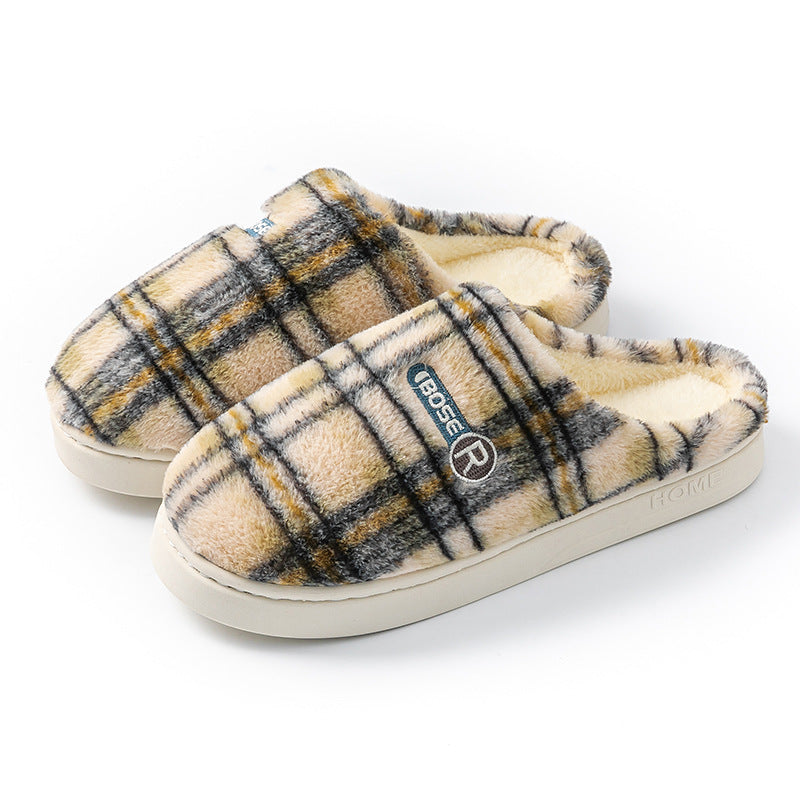 Women’s Plush Warm Non‑Slip Plaid Cotton Slippers