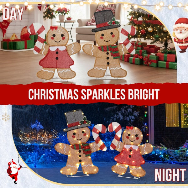 "Holiday Cheer Duo – Lighted Gingerbread Man & Candy Cane with 80 Warm LEDs"
