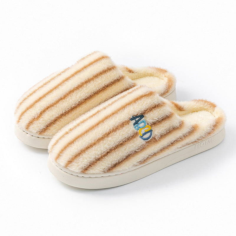 Winter Plush Home Slippers – Solid Color Striped Indoor/Outdoor Shoes