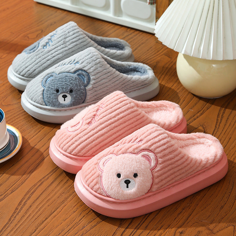 Cartoon Bear Plush Cotton Slippers – EVA Thick‑Soled Indoor Shoes