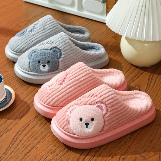 Cartoon Bear Plush Cotton Slippers – EVA Thick‑Soled Indoor Shoes
