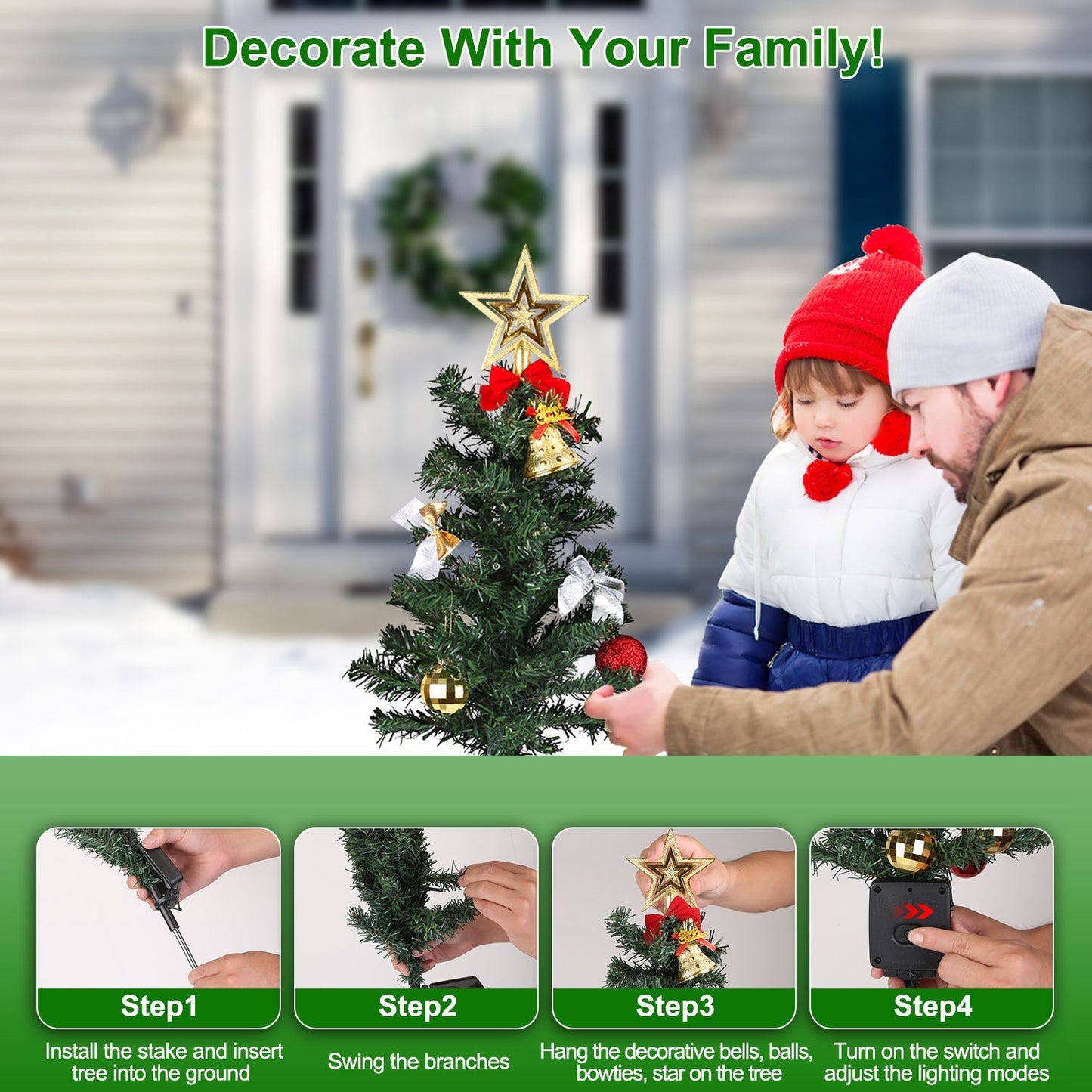 4Packs Solar Christmas Tree Lights – 20LEDs Garden Stake Lamps with Constant & Flashing Modes