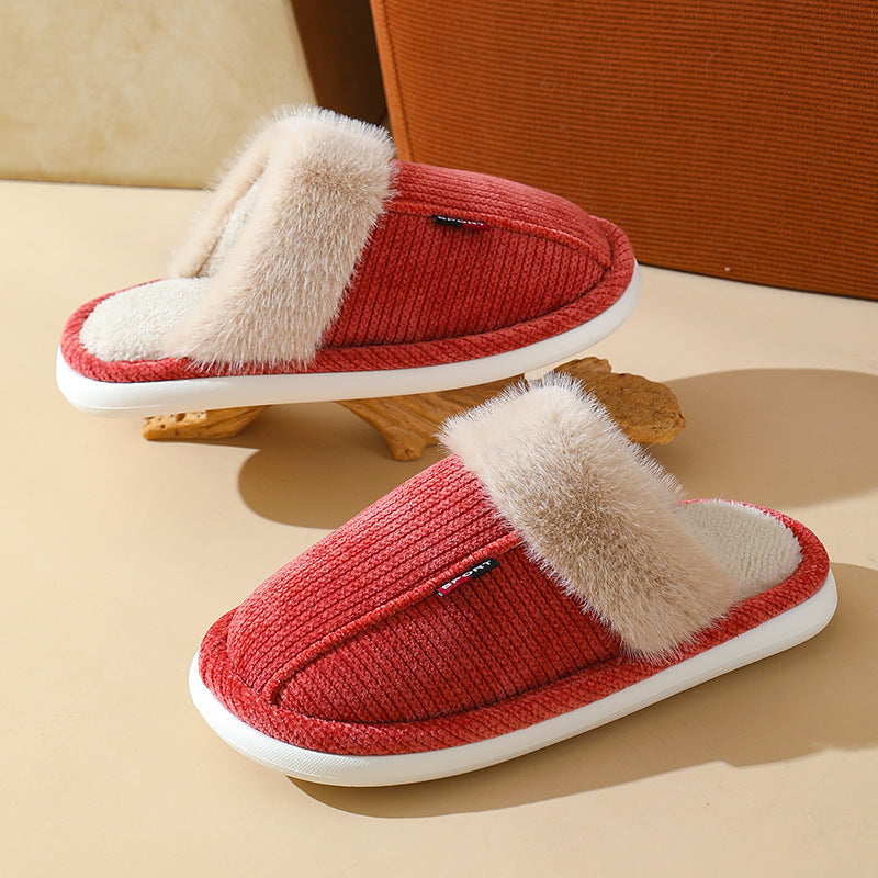 Fur Mouth Thermal Cotton Slippers – Non‑Slip Indoor Home Shoes