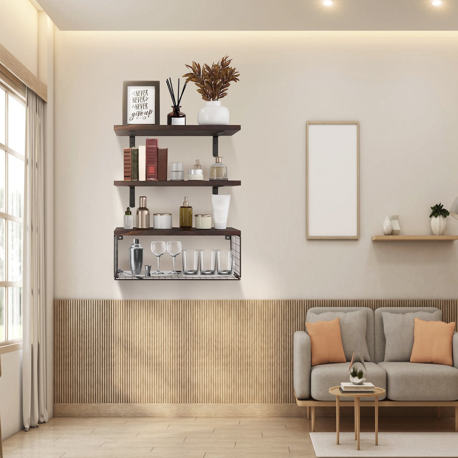 Modern living room with shelves, a sofa, and decorative items.