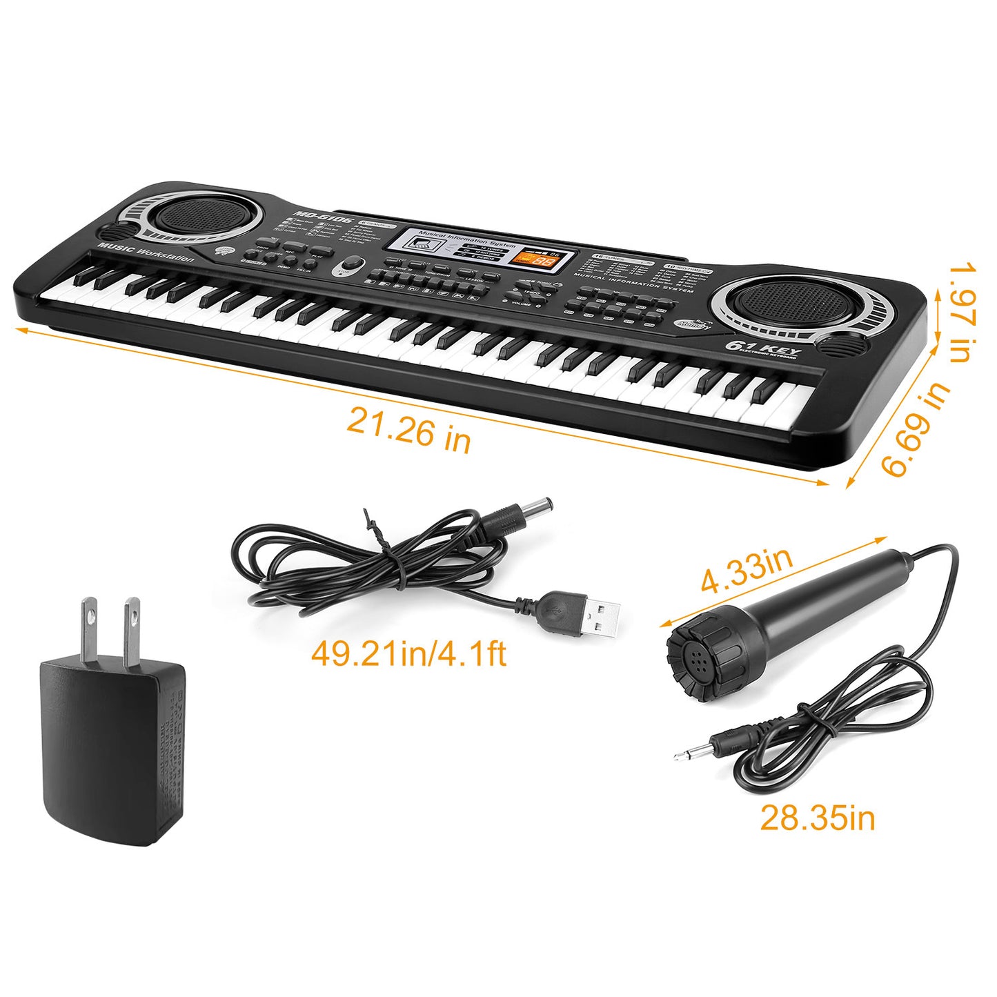 Keyboard with microphone, power adapter, and cable on a white background