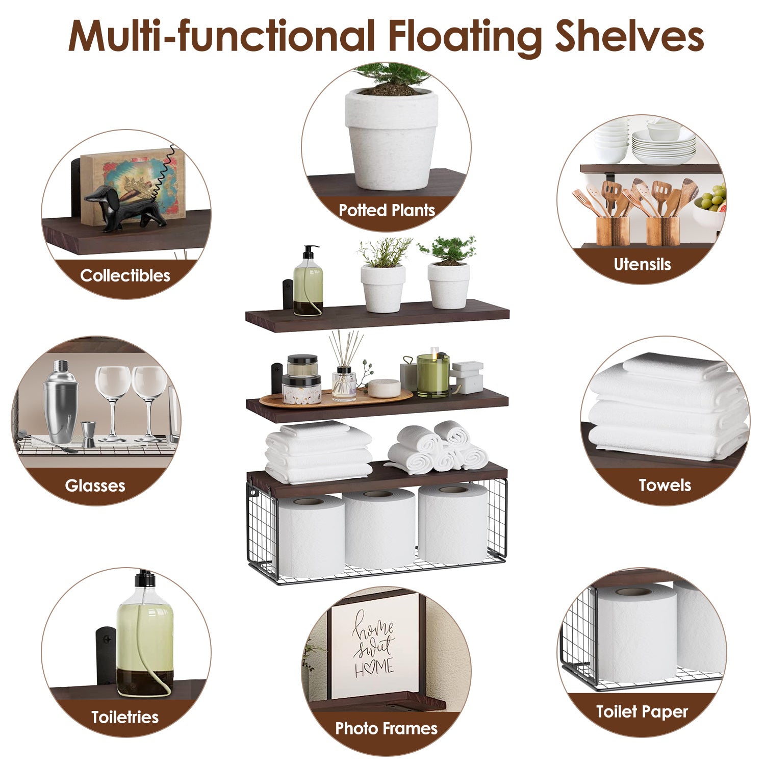 Multi-functional floating shelves with various items displayed on them.